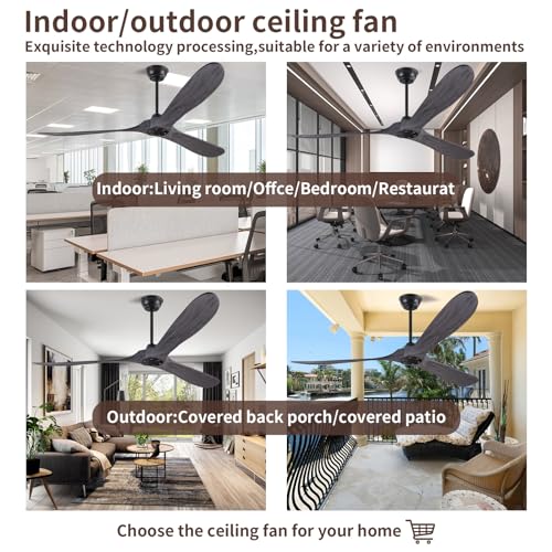 60 Inch Ceiling Fan No Light ,Wood Outdoor Ceiling Fans for Patios Living Room Gazebo Mid Century Modern Big Waterproof Ceiling Fans without Lights with Downrod(Grey)