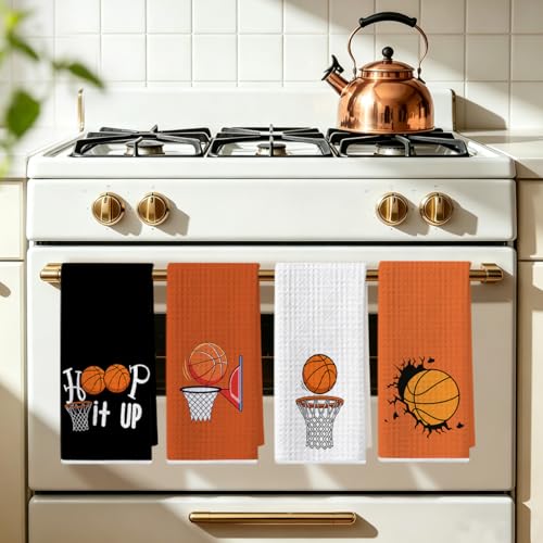 Image of 4 Pcs Basketball Hand Towels for Bathroom 24x14 Inch, Basketballs Gifts Reusable Dish Towels for Kitchen Bathroom Home Decor, Waffle Weave Hand Cloth Tea Towel, Basketball Lover Gifts for Women Friend