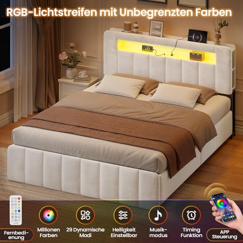 AOGLLATI Polsterbett 140x200 mit Stauraum,Hydraulisches Bett mit LED-Bleuchtung und Ladestation Jugendbett Doppelbett Bettgestell mit Kopfteil aus Samt-Ohne Matratze (Beige Samt, 140x200cm)