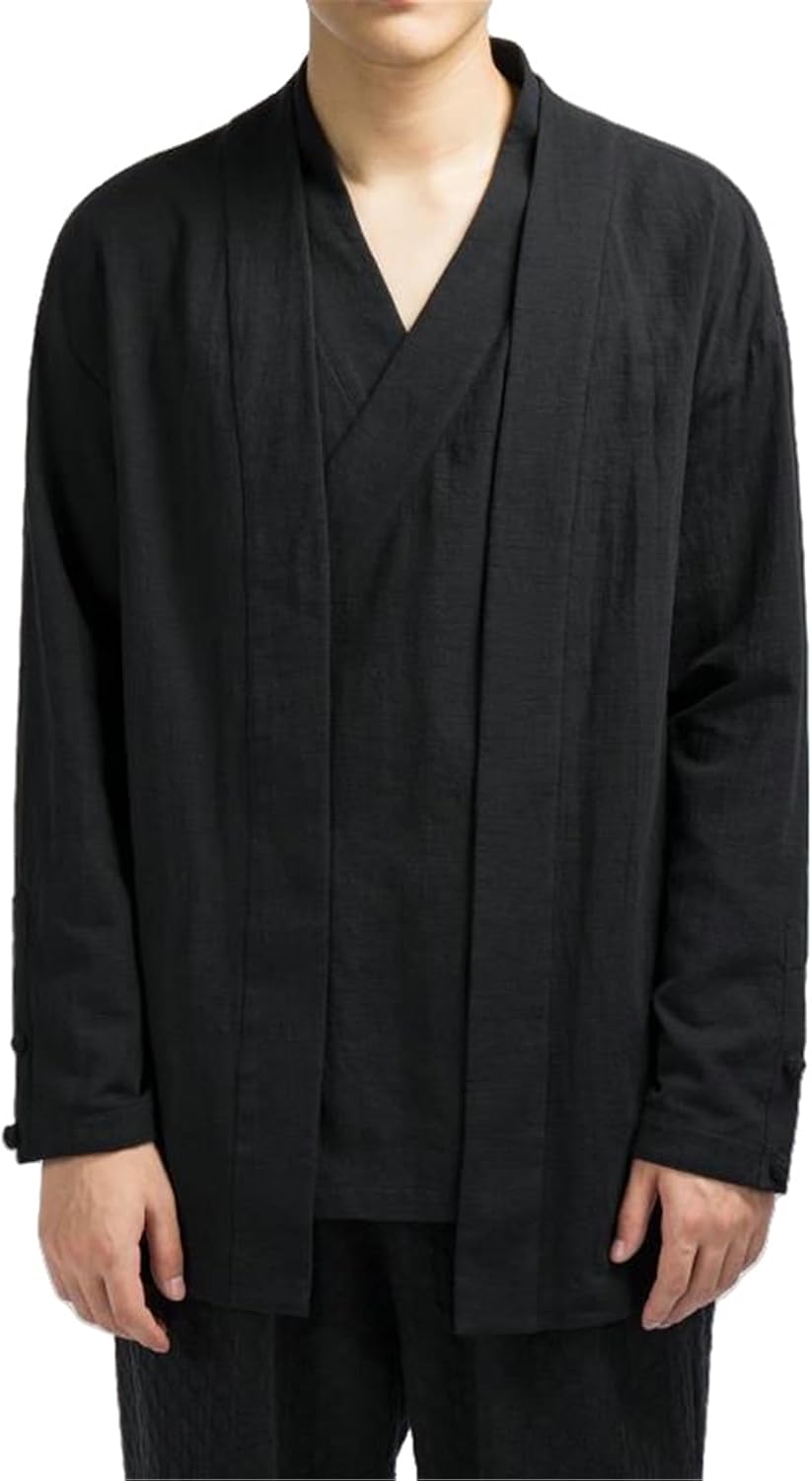 Men's Spring Autumn Chinese Style Cotton Linen Zen Hanfu Collar Vintage Shirt