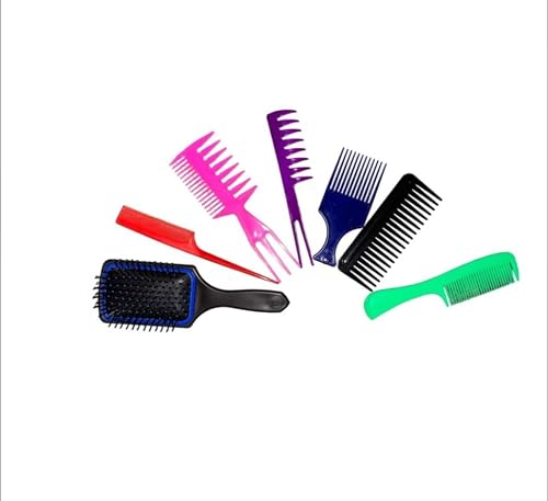Hair Styling Comb Set, 7 Piece Professional Salon Assortment with Detangle Comb, Paddle Brush, Wide Tooth Comb, Rat Tail Comb, Afro Comb, Multicolour