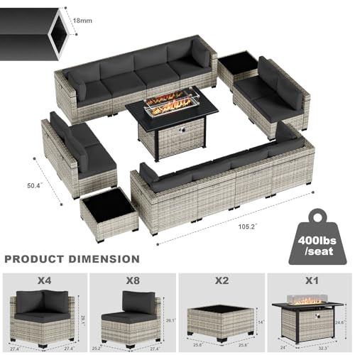 Image of Outdoor PE Wicker Rattan Modular Patio Sectional Sofa Set | 15-Piece: 12 Modular Seats, 2 Coffee Tables & 55,000 BTU Fire Pit Table, Black