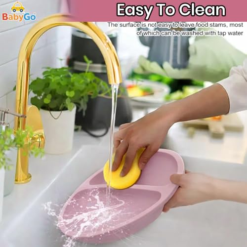 Image of BabyGo Silicone Suction Plate with Spoon for Babies | Microwave, Dishwasher & Freezer Safe | Unbreakable Feeding Plate with 4 Suction Cups for Babies & Toddlers | BPA-Free (Pink)