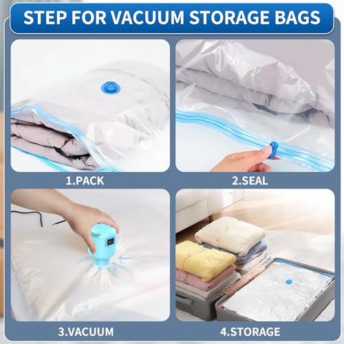 Image of ZXA Vacuum Storage Bags with Electric Air Pump, 8 Pack (4 Large, 4 Jumbo) Vacuum Seal Bags for Clothing, Space Saver Vacuum Storage Bags for Blanket, Duvets, Pillows, Comforters - Blue