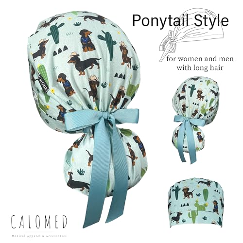 Image of Scrub Cap for Women and Men, Ponytail Scrub Caps, Working Hat, Head Cover with Ribbon Ties and Buttons, Long Hair