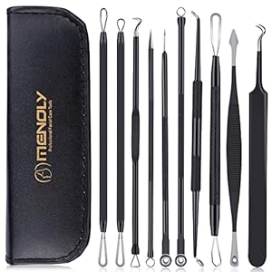 Pimple Popper Tool Kit 10 Pcs, MENOLY Newest Blackhead Remover Pimple Comedone Extractor Tools for Easy and Fast Removal of Blackheads, Pimples and Blemish on Face, with Elaborate Leather Bag