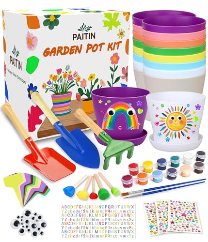 PAITIN Paint & Plant Garden Pot Craft Kit - 4 Inch Plant Pots, Kids Gardening Tools, Labels, Paints, Brushes, Gem & Eye Stickers - Perfect Spring Crafts Gifts for Women & Kids
