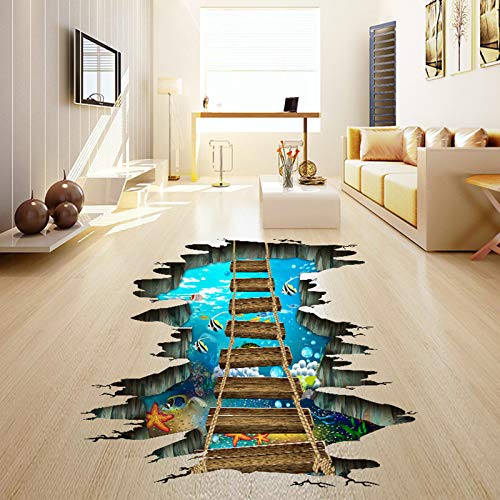 Xiaoqi 3D Floor Stickers,Underwater Sea World Starfish Colorful Fishes Removable Love Ocean Cute Wooden Suspension Bridge Pvc Art Wall Decal , Sensory Room Decorations For Boys & Girls, Colorful #TOP3