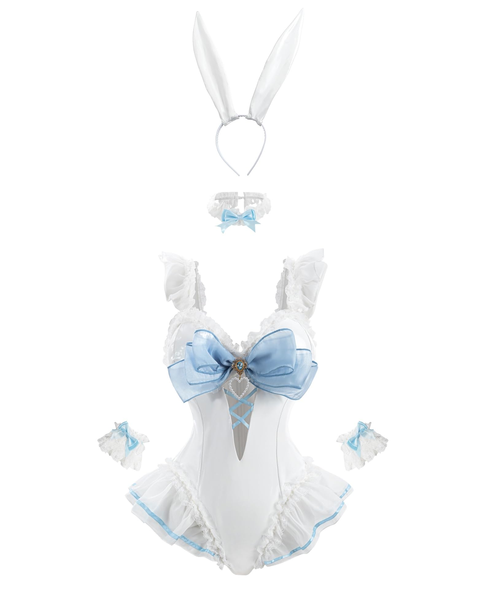 FCCAM Kawaii Bunny Costume for Women with Lace & Bow for Anime Cosplay, Halloween, Carnival and Theme Parties, White, XXL โ image 1