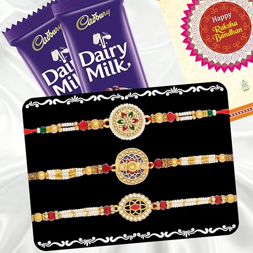Image of Canton Rakhii Gift for Brother with Chocolate - Designer Rakhi for Brother with Cadbury Gift Hamper Pack, Roli Kumkum & Greeting Card (Design-18, 3 Rakhi + Cadbury)