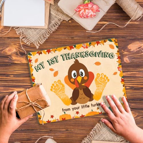 Image of DIY Baby's First Thanksgiving Footprint Sign for Newborn, Fall Autumn Keepsake for New Baby, Holiday Milestone Cards for Girl, Boy, Ideal Baby Shower Gifts, New Mom Gifts (My First Thanksgiving)