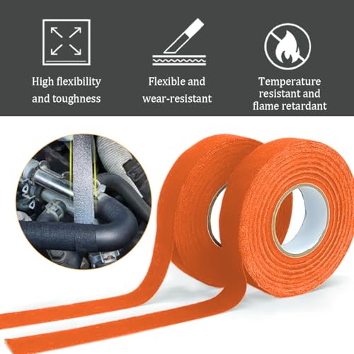 Image of Car Wire Harness Tape, 2 Rolls Self-Adhesive Fabric Vehicle Electrical Wiring Cloth Protection Wrap, Noise Damping Heat Proof Auto Speaker Harnessing Protective Wrapping, Universal Fit (Orange)