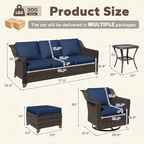 Image of 7 Piece Patio Furniture Set, Wicker Outdoor Conversation Set | Patio Chair Set with Olefin Removable Cushion, All-Weather Outdoor Couch with Deep Seat for Porch, Deck and Backyard, Blue