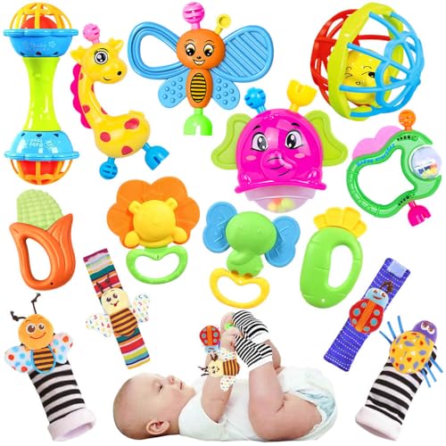 Image of Baby Rattles Toys for 0-6 Months - 18 PCS Infant Toys 0-3 Month Old Baby Boy Girl Gifts Set with Teething and Wrist Socks Rattle Infant Newborn Sensory Toy Baby Easter Basket Stuffers Gifts
