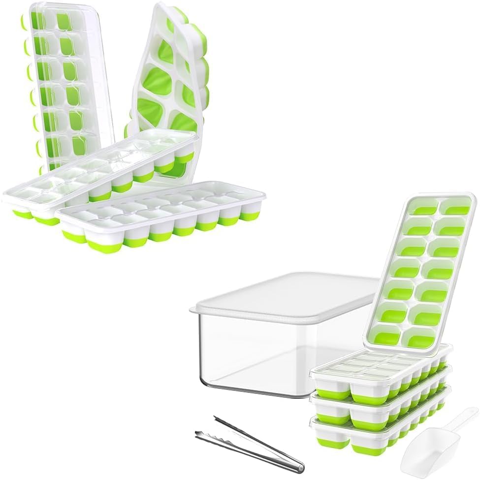 DOQAUS Bandeja para cubitos de hielo con tapa y contenedor, paquete de 8 bandejas de silicona para cubitos de hielo de plástico para congelador con