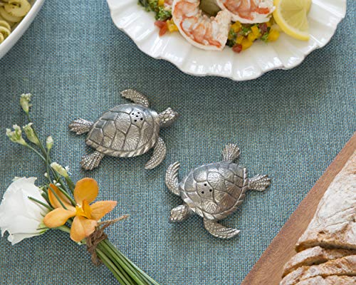 Vagabond House Pewter Metal Sea Turtles Salt & Pepper Shaker Set - Beach Artisanal Sculpture 3.5 Inch Long #TOP4