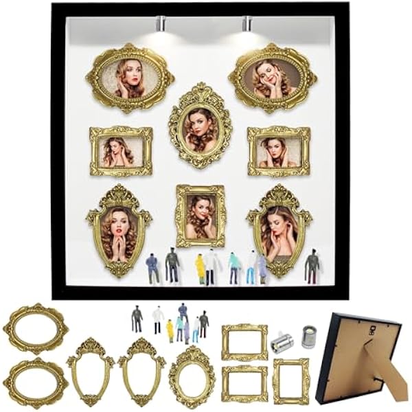 Mini ramka muzealna, zestaw ramek na zdjęcia z cieniem, 8 mini ramek na zdjęcia + 8 losowych figurek, z wbudowanym oświetleniem LED, kreatywny prezent do domu (czarny)