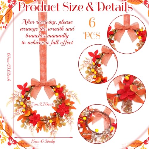 Image of Dingion 6 Pcs 6 inch Fall Mini Cabinet Wreaths for Kitchen with Ribbon Bows Ribbon Leaves Berries Flower Fall Artificial Wreath Small Window Decorative Garland for Autumn Thanksgiving Farmhouse Decoration
