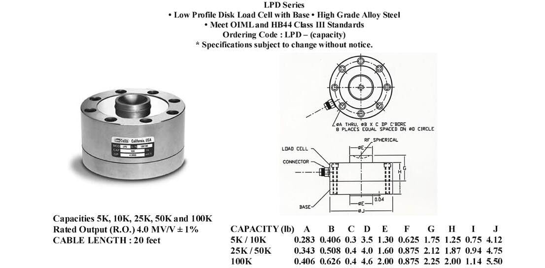 MNM Scales Compression Load Cell 10,000 LB, LPD-CT-10k, Low Profile Disk Sensor
