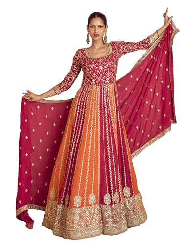 Image of Miss Ethnik Women's Pink Chinon Stitched Gown with Dupatta 3 /4 Sleeve Embroidered Anarkali Gown (ME-1231)