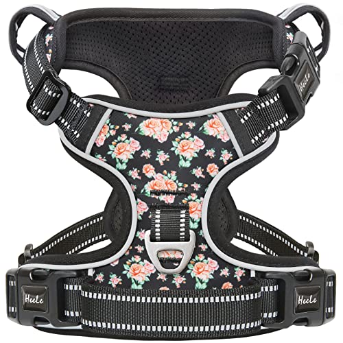 HEELE Hundegeschirr, Zugentlastung, reflektierend, mit gepolstertem Griff, Kontrolle, 2 Metallringe, Geschirr für kleine mittelgroße und große Hunde, Blume, Schwarz, M