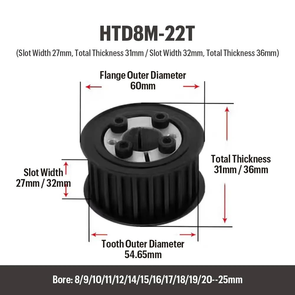 Polea Tensora Para Correa De 25/30mm De Ancho 18T/19T/20T/22T HTD8M Rueda Síncrona Con Diámetro Buje Sin Llave Polea Distribución De Acero 8-15mm Tensor Multi-V(12mm,18T,30mm)