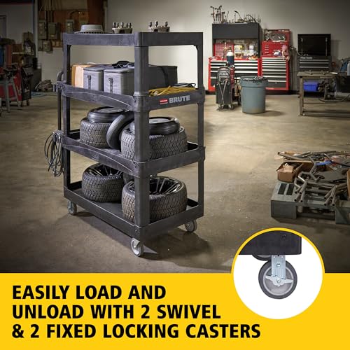 Image of New Rubbermaid Commercial Products 4-Shelf Utility /Service Quad Cart, Heavy Duty Large, Lipped Shelf, Ergonomic Handle, 700 lbs. Capacity, for Warehouse /Garage /Cleaning /Manufacturing (2128657) Black