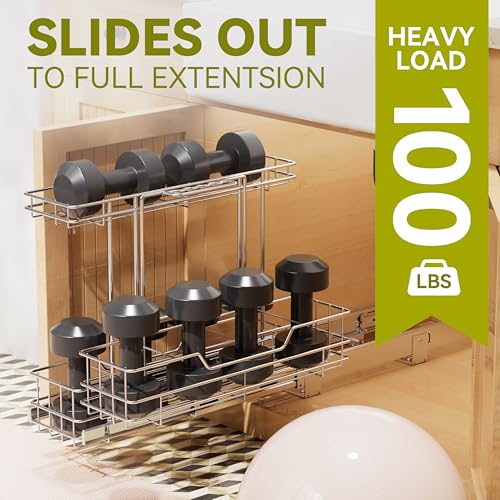Image of 2 Tier Under Sink Organizer 11 inch W X18 D, Pull Out Cabinet Organizer One Removable Basket, Under Sink Slide Out Chrome Plated, Under Kitchen Bathroom Sink Organizer, 1 Pack