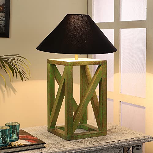 Image of tu casa Table Lamps with Mango Wood Base & Black Cotton Shades for Home Decor, Bedrooms, Living Room, Gifting, Diwali Decoration, Dining Space, Study Room, Hall (Height- 51cm) - Bulb not Included