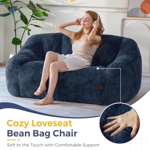 Image of MAXYOYO Bean Bag Chair, Comfy Bean Bag Sofa with Back Support, Loveseat Faux Fur Bean Bag Chair for Adults, Stuffed Floor Sofa for Living Room, Bedroom, Apartment, Navy