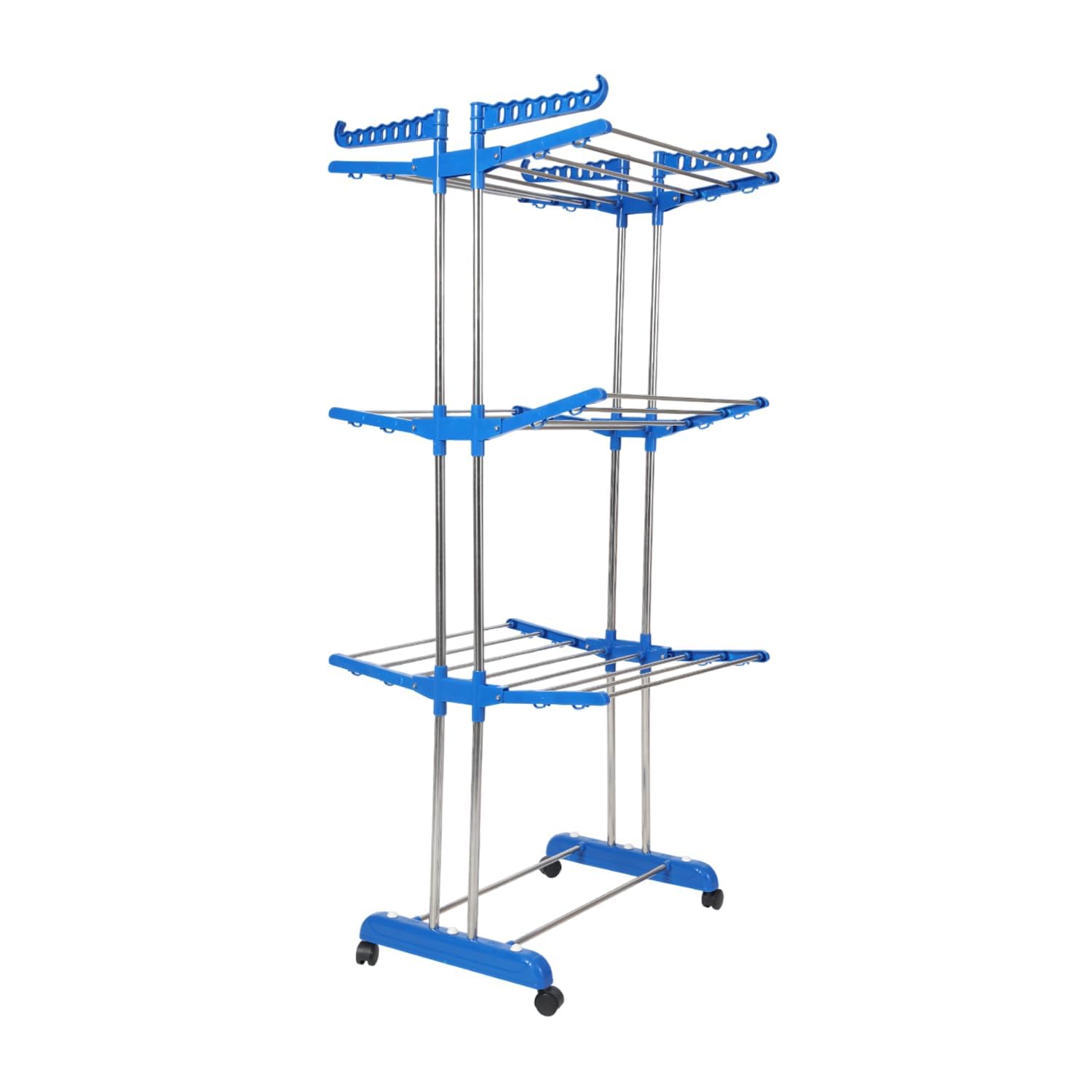 Clothes Drying Rack Stand with Wheels | 3-Tier Foldable Laundry Drying Stand, 2 Pole Portable Clothes Dryer Rack for Indoor & Outdoor Use | Blue-image-38