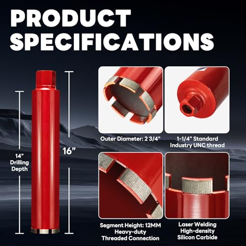 Image of Premium 2-3 /4 inch Wet Core Drill Bit for Hard Concrete with High-Density Diamond, Precision-Welded Segments, 1-1 /4 inch-7 UNC x 14 inch Depth, Industrial Grade for Concrete Rebar, Brick, Masonry, Pavers