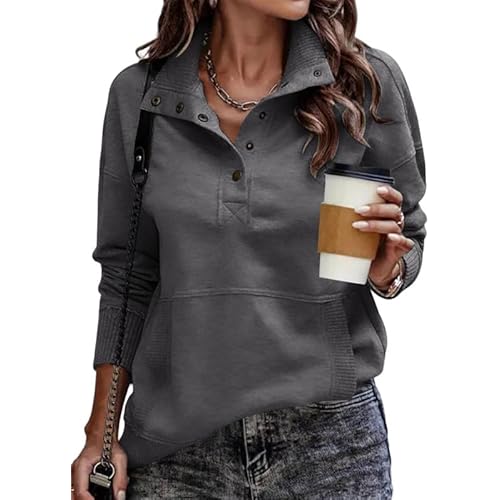 SHEWIN Women's Casual Long Sleeve Stand Neck Sweatshirt Lightweight Button Drawstring Pullover Tops