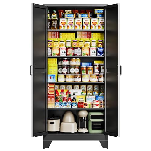 Image of Letaya 75 inch H Metal Storage Cabinet with 2 Doors and 4 Shelves,Tall Kitchen Pantry Cabinets,Farmhouse Utility Pantry Organizers for Cupboard /Dining /Bathroom /Home Office /Garage Room,Black