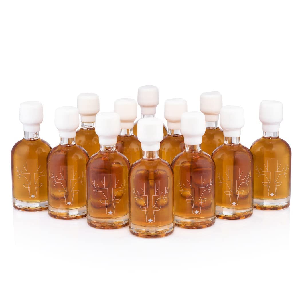 Escuminac Canadian Maple Syrup, Extra Rare Amber Rich Taste, Pure & Organic. Mini Glass Bottles 12 x 50ml, Bulk Format for Party Favors, Wedding, Holiday