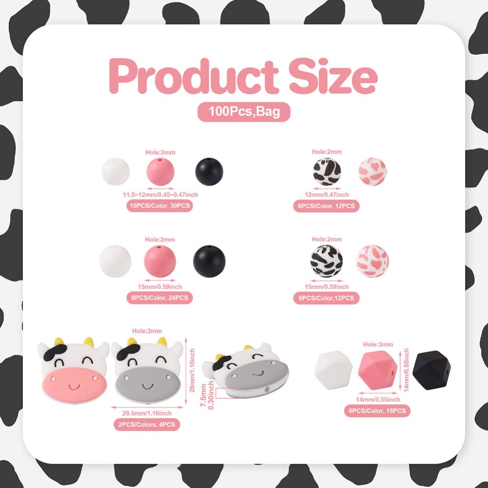 Cheriswelry 100Pcs Cow Print Silicone Beads Pink White Cow Animal Beads for Keychain Necklace Bracelet Making DIY Crafts - Image 3