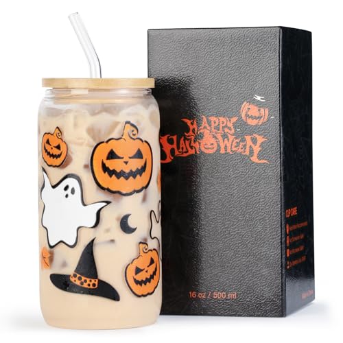 KMCCUMBER Halloween Pumpkin Ghost Glass Cup with Lid Straw Gifts for Women - image 2