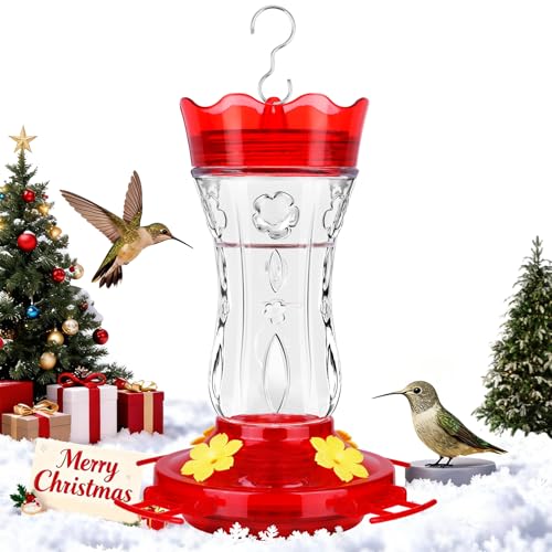 Glass Hummingbird Feeders for Outdoors, Built-in Ant Moat & Leakproof Design, XAROO Hummingbird Feeder with 4 Bee Guard Feeding Ports, 15OZ, Red, Gifts for Mom Wife Dad, Birthday Gift for Men Women
