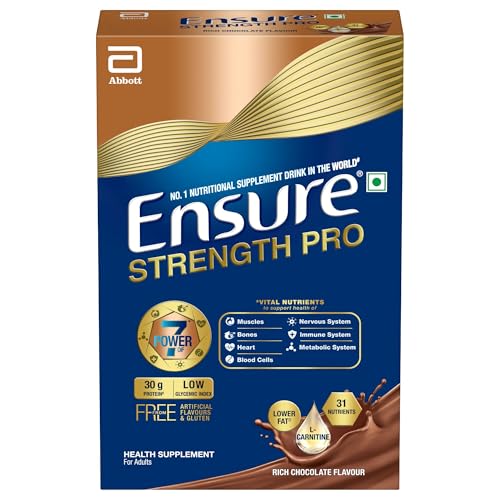 Image of Ensure Strength Pro | High Protein Nutritional Drink for Adults | Rich Chocolate (400g) | 30g Protein, Low GI, Gluten Free | L-Carnitine| No Artificial Flavors | Scientifically formulated with Power of 7- Muscles, Bones, Heart, Immune System, Metabolic System, Nervous system, Blood Cells health