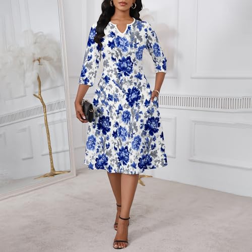 Midi Dresses for Women Casual 3/4 Sleeve Flowy Wedding Dress Plus Size Sundress with Pockets2