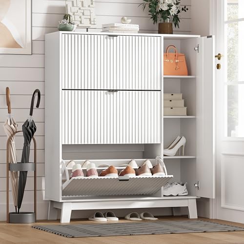 Image of Shoe Cabinet Storage for Entryway with 3 Flip Drawers & Side Cabinet, Fluted Narrow Shoe Organizer with Wooden Leg, Freestanding Shoe Storage Hidden Shoe Rack Organizer for Front Door Entrance, White