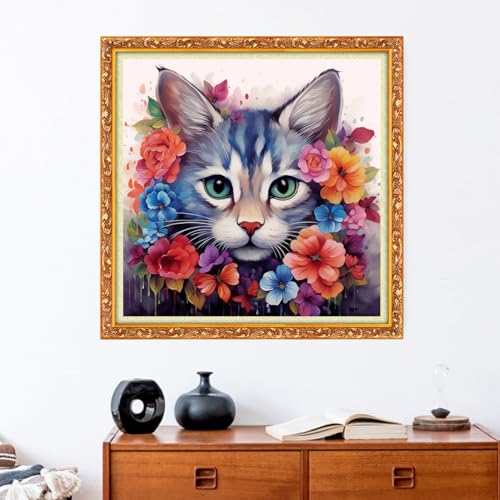 Image of Funxvoot Stamped Cross Stitch Kits Beginners Full Range of Embroidery Kits for Adults 11CT Embroidery Patterns Needlepoint Kits Printed Cross Stitch Kits-Flower Cat 18x18 inch
