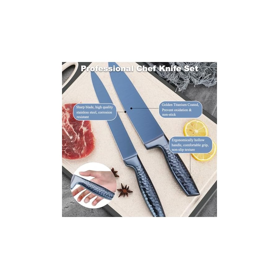 Kitchen Knife Set, 6-Pieces Blue Titanium Coated Knife Block Set with Wood Magnetic Knife Block, Non-stick & Non-slip Stainless Steel Sharp Chef Knife Set, Knives Set for Home Kitchen (Blue)