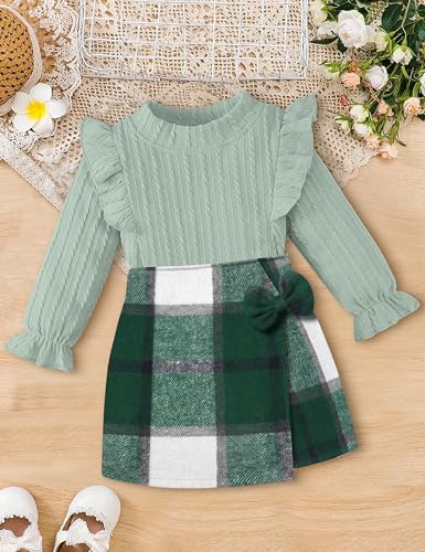 Image of Toddler Girl Clothes, Kids Clothes 2 Piece Ruffle Sleeve Tops Mini Plaid Skirt Skort Fall Winter Outfits Set 3-7T
