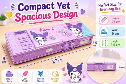 Image of WORSHIPER Multifunction Pencil Box for Girls with 2-Digit Password Lock, Built-in Sharpener & Calendar, Dual Sided Magnetic Geometry Compass Box School Gift (Kurumi Purple - Com.Box Password Lock)