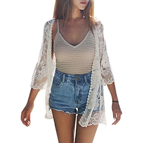 Rooyar Women's Casual See Through Lace Open Front Beach Kimono Cover Up, White Cover