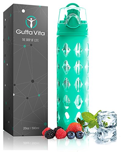 20 oz Glass Water Bottle Fruit Infuser with Silicone Sleeve - Perfect as Yoga Water Bottle for...