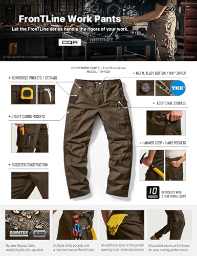 Image of CQR Men's Quick Dry Work Pants, Water Resistant Outdoor Tactical Pants, Lightweight Stretch Cargo Hiking Pants