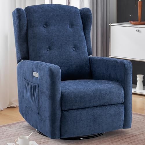 Image of Ketaiyou Power Swivel Rocking Recliner Chair, Electric Rocker Nursery Glider Chair, USB and Type-C Ports, Upholstered Fabric Reclining Single Sofa Chair for Living Room (Blue)