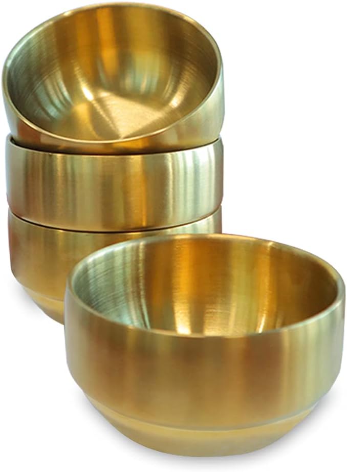 4Pack Thick 304 Stainless Steel Bowls, Small Double Wall Rice Bowl, Stainless Steel Soup Bowl, Metal Bowls for Salad Fruit Cereal Noodle (Gold, 12cm)